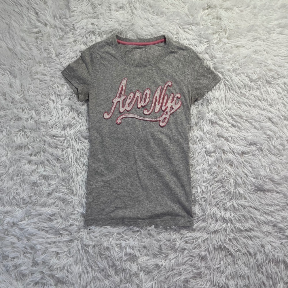 y2k vintage aeropostale gray & pink embroidered graphic top medium